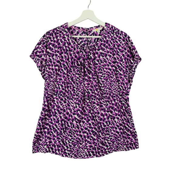 Boden Tops - Boden Glam Leopard Cat Silk Blend Top Blouse Women 12 Purple Short Sleeve VNeck